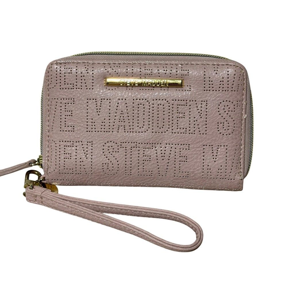 Steve Madden Blush Pink Perforated Logo Zip Around Wristlet Wallet Gold Interior